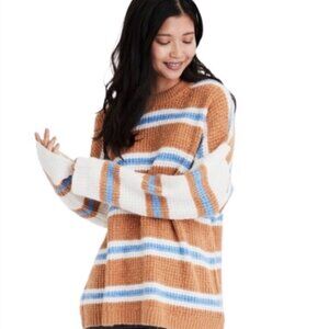 AE American Eagle brown blue stripe waffle knit oversized sweater S